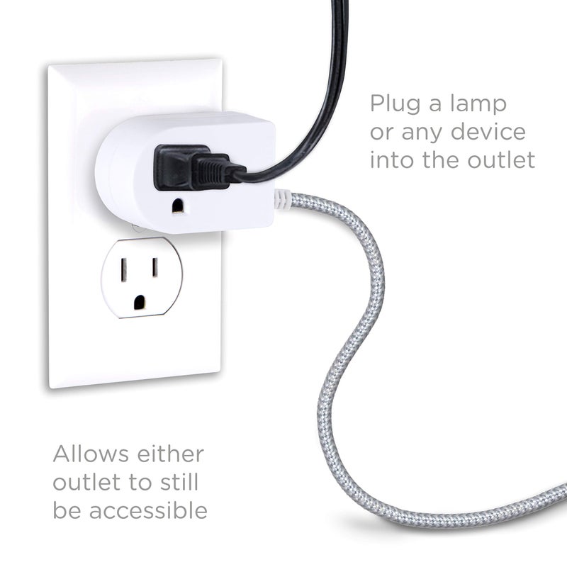 Cordinate Extension Cord with Switch On/Off Plug 2 Pack, 6 Ft Braided Power Cord Outlet Switch, 3 Prong, Slip Resistant Base, Tabletop/Wall Mount, Perfect for Lamps/Holiday Lights, White/Gray, 50033 - Image 4